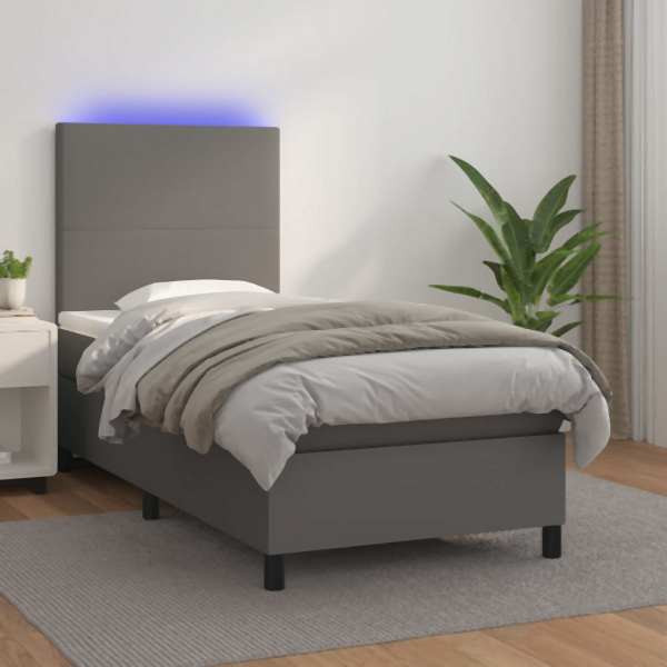 vidaXL Boxspringbett mit Matratze & LED Grau 100x200 cm Kunstleder, 3135811
