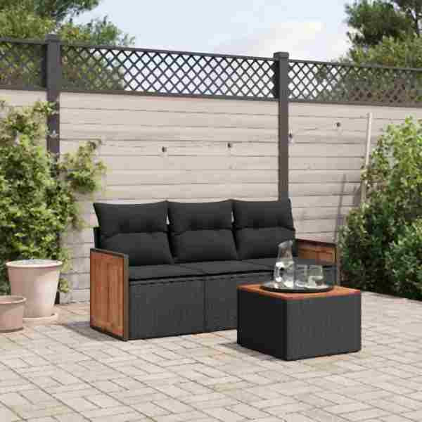 vidaXL 4-tlg. Garten-Sofagarnitur mit Kissen Schwarz Poly Rattan, UV-beständig, 3227441