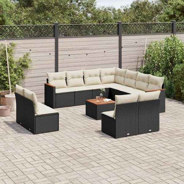 vidaXL 12-tlg. Garten-Sofagarnitur mit Kissen Schwarz Poly Rattan, UV-beständig, 3226091