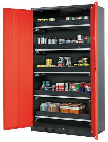 asecos Chemikalienschrank Systema-T CS-105, Korpus anthrazit, Flügeltüren rot, 5 Tablarauszüge, 208975