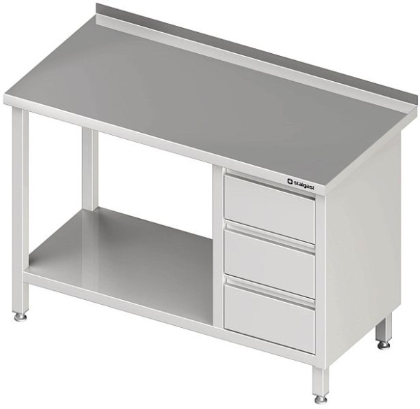 Stalgast Arbeitstisch mit Grundboden, 1200x700x850 mm, mit 3er Schubladenblock rechts, mit Aufkantung, verschweißt, VAT12709RA