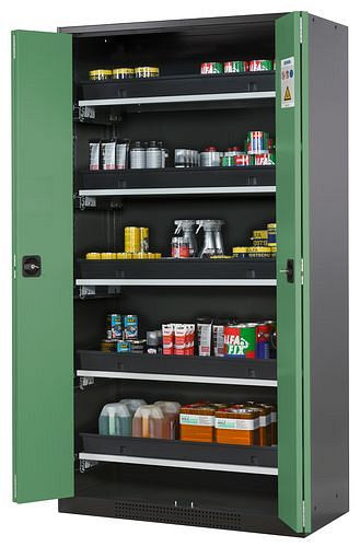 asecos Chemikalienschrank Systema-T CS-105F, Korpus anthrazit, Falttüren grün, 5 Tablarauszüge, 209022
