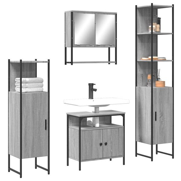 vidaXL 4-teilig Badmöbel-Set Grau Sonoma Holzwerkstoff, 3214708