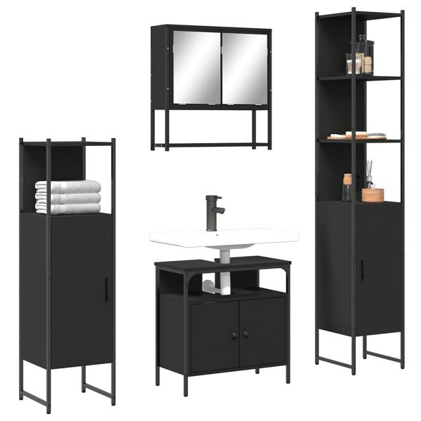 vidaXL 4-teilig Badmöbel-Set Schwarz Holzwerkstoff, 3214705