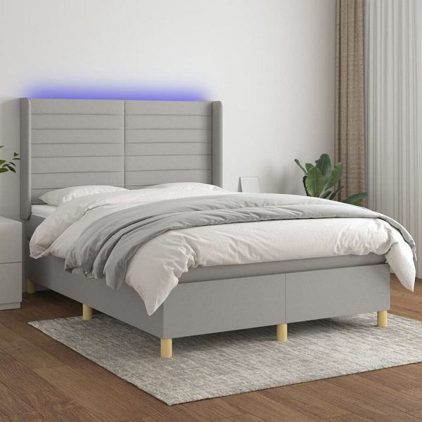 vidaXL Boxspringbett mit Matratze & LED Hellgrau 140x200 cm Stoff, 3138957