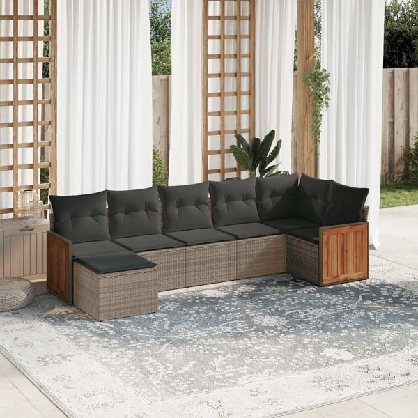 vidaXL 7-teilig Garten-Sofagarnitur mit Kissen Grau Poly Rattan, 3227873