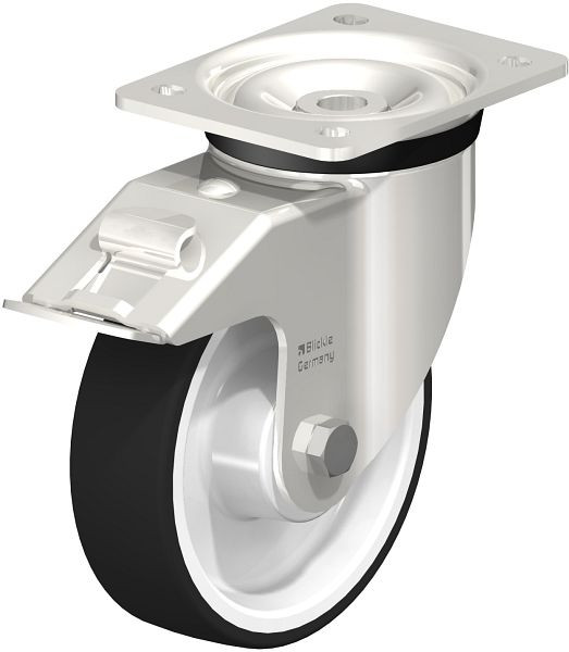 Blickle LKX-POTH 160XK-FI Edelstahl-Schwerlast-Lenkrolle mit Anschraubplatte & Feststeller, Thermoplastisches Polyurethan, Grau, 739478