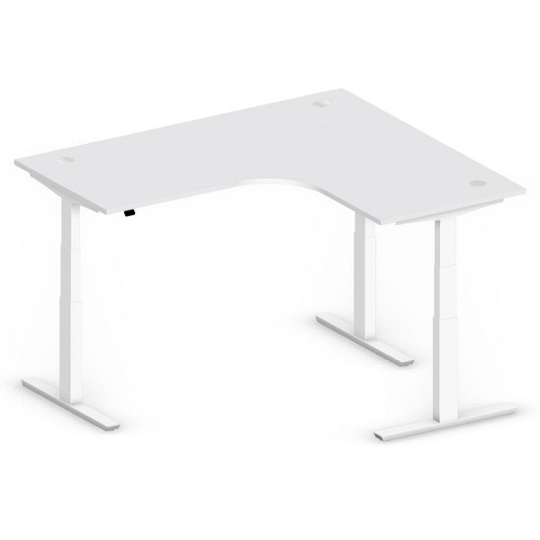 Deskin XXL Sitz-/ Stehschreibtisch Jumbo MULTI M, Dekor lichtgrau, T-Fuß-Stahlgestell in Weiß RAL 9016, rechtsseitig geformt, 295136