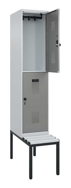 C+P Doppelstock-Spind Evolo PLUS, Bank, 2 Fächer, 2120x400x815mm, 7035/0004, Drehriegel, Sitzfläche Kunststoff, Sitzbank, 0493507-12 S10095