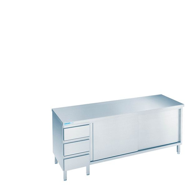 CHROMOnorm Arbeitsschrank mit Schiebetüren und Schubladenblock links, Tiefe 700mm, Tischplatte allseits abgekantet, SS0714AS3L0