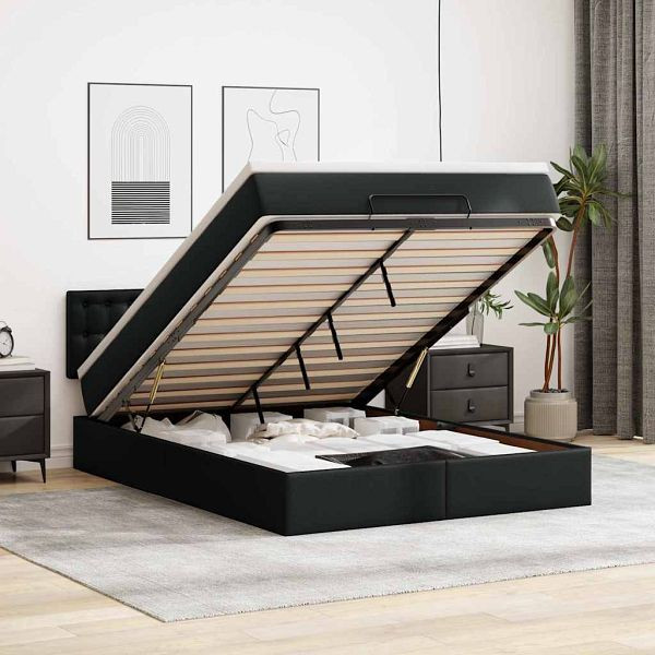 vidaXL Ottoman-Bett mit Matratzen & LEDs Schwarz 140x200 cm Kunstleder, 3312157