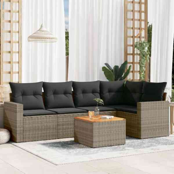 vidaXL 6-tlg. Garten-Sofagarnitur mit Kissen Grau Poly Rattan, UV-beständig, 3256445