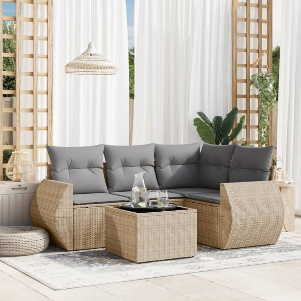 vidaXL 5-teilig Garten-Sofagarnitur mit Kissen Beige Poly Rattan, 3253656