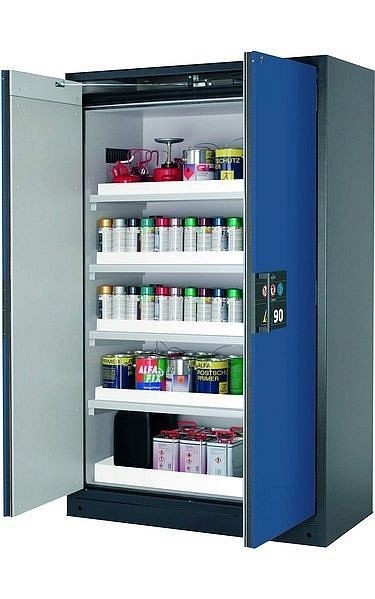 asecos Sicherheitsschrank Q-PEGASUS-90, Q90.195.120.WDAC in enzianblau RAL 5010 mit 4x Wannenboden Standard (Polypropylen), 30002-047-30014