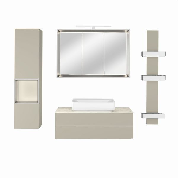 Hülsta Badezimmer-Kombination, bestehend aus Korpus mit 1 Aufsatzwaschbecken, Spiegelschrank, Hängeschrank, Systemregal, Lack-seidengrau, TEB1985015_ZUB