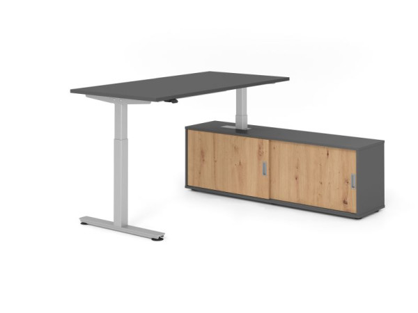 Hammerbacher Schreibtisch XMST16, 160x80cm, Platte: Graphit, T-Fuß Gestell Silber, Höhe: 71 - 120 cm, Graphit / Asteiche, VXMST16SB/G/S/G/R