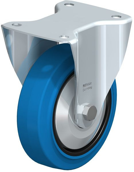 Blickle B-POEV 160KD-SB-FA Stahlblech-Bockrolle, mittelschwere Ausführung, mit Anschraubplatte, Elastik-Vollgummi, Blau, 749083