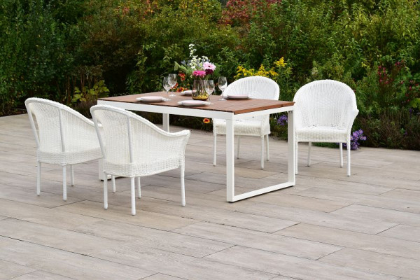 Merxx Bamberg Set 5-teilig, 4 Stapelsessel Bamberg, weiß, 1 Ausziehtisch 150 (200) x 90 cm, Tischplatte aus geölten Akazienholz, FSC Akazie, 51060-208