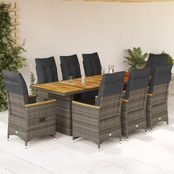 vidaXL 9-teilig Garten-Bistro-Set mit Kissen Grau Poly Rattan, 3277269