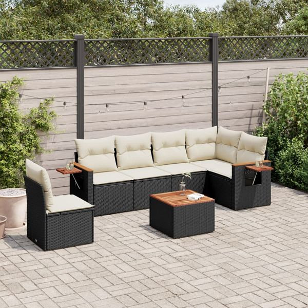 vidaXL 7-teilig Garten-Sofagarnitur mit Kissen Schwarz Poly Rattan, 3259263