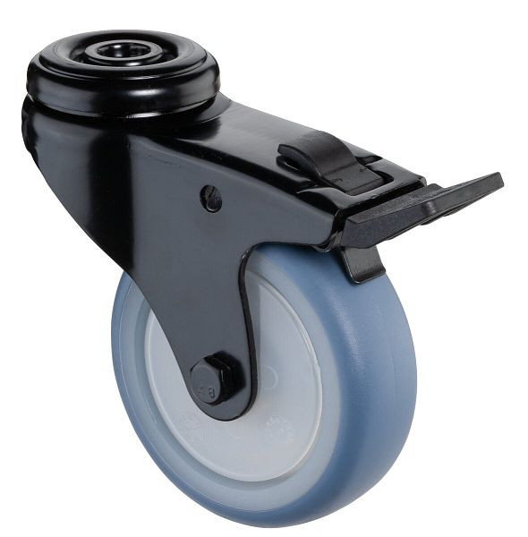 BS Rollen Lenkrolle mit Feststeller schwarz, thermoplastisches Gummirad hellblau, Kugellager, Rückenloch, Durchmesser: 75 mm, VE: 4 Stück, A821.A85.075.05