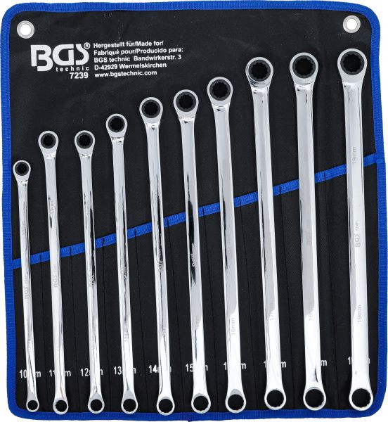 BGS Ratschenring- und Ringschlüssel-Satz, extra lang, SW 10 - 19 mm, 10-teilig, 7239