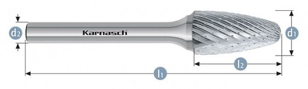 Karnasch Hartmetall-Frässtift unbeschichtet RBF/ HP-1 d1=8 / l2=20 / d2=6 / l1=65mm, VE: 3 Stück, 113057035