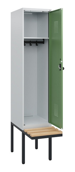 C+P Spind Evolo PLUS, 1 Abteil, 1950x400x815mm, 7035/6011, Drehriegel, Sitzfläche Holz, 0490405-12 S10010