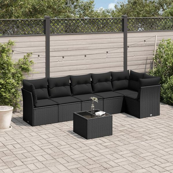 vidaXL 7-teilig Garten-Sofagarnitur mit Kissen Schwarz Poly Rattan, 3249504