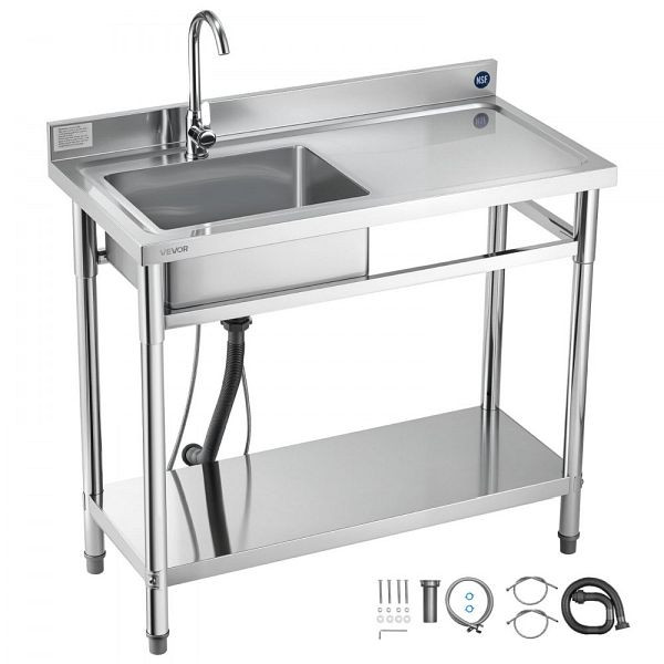 VEVOR Edelstahl Spültisch 100x50x94 cm, Einzelbecken mit Wasserhahn & Ablage, für Garage/Restaurant/Wäscherei, Außenspüle, DSCDGZT100CMV3J56001V0