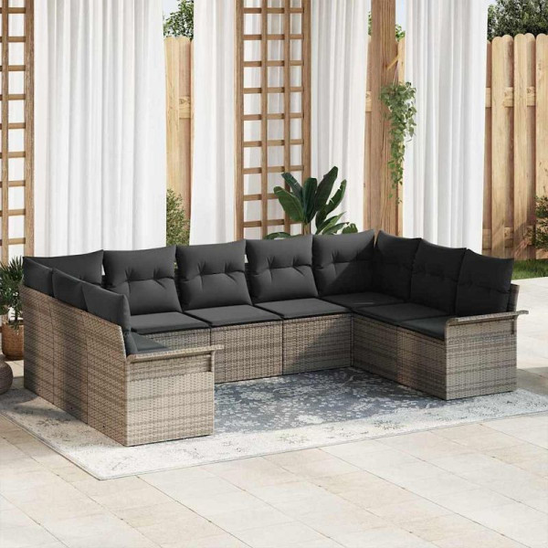 vidaXL Garten-Sofa-Set mit Kissen mit Speicher, 9er Set, Grau Poly Rattan, 3354188