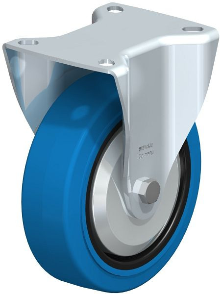 Blickle B-POEV 125R-SB-FA Stahlblech-Bockrolle, mittelschwere Ausführung, mit Anschraubplatte, Elastik-Vollgummi, Blau, 568782