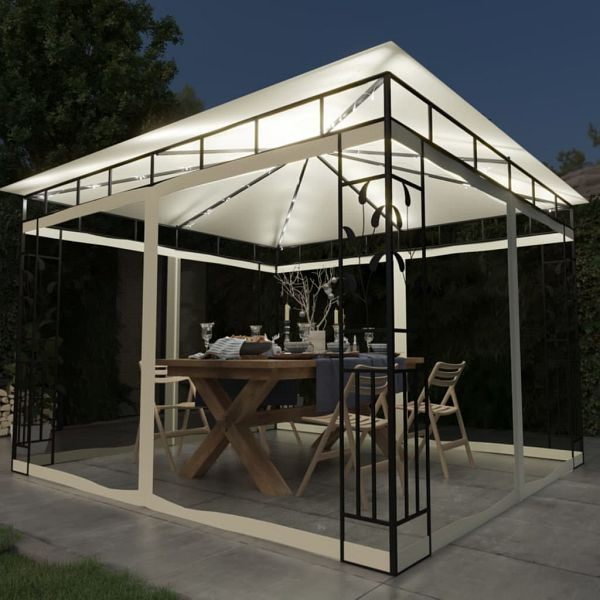 vidaXL Pavillon mit Moskitonetz & LED-Lichterkette 3x3x2,73m Cremeweiß, 3070314