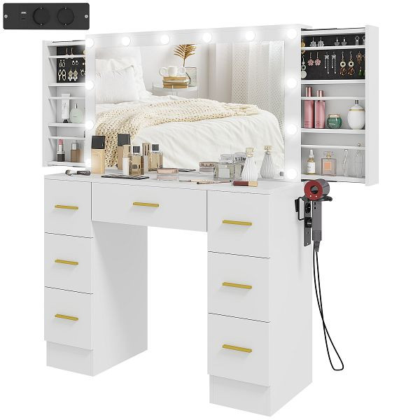 HOMCOM Schminktisch mit Spiegel und 12 LED-Lichtern, Frisiertisch mit 7 Schubladen, 6 versteckte Staufächer, Spanplatte, Weiß, 831-992V90WT