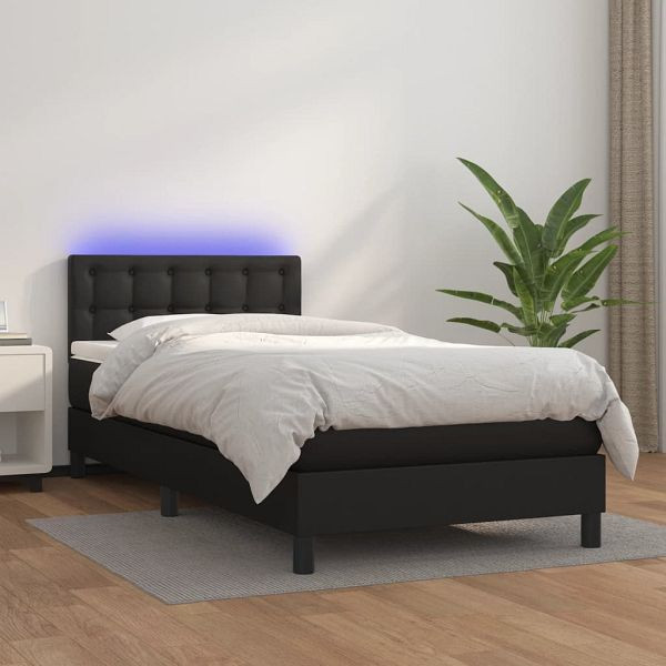 vidaXL Boxspringbett mit Matratze & LED Schwarz 100x200 cm Kunstleder, 3134207
