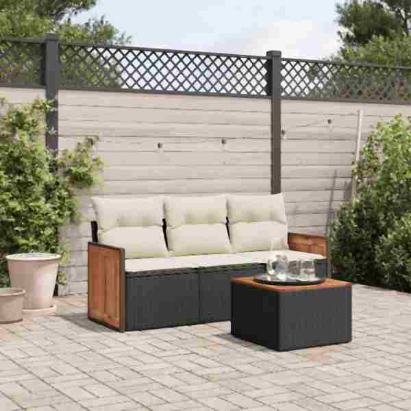 vidaXL 4-tlg. Garten-Sofagarnitur mit Kissen Schwarz Poly Rattan, UV-beständig, 3259844