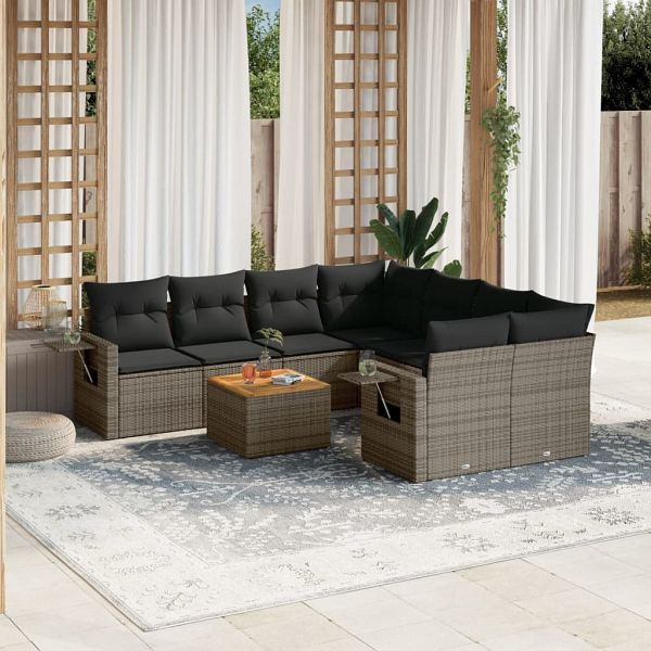 vidaXL 9-tlg. Garten-Sofagarnitur mit Kissen Grau Poly Rattan, 3224492