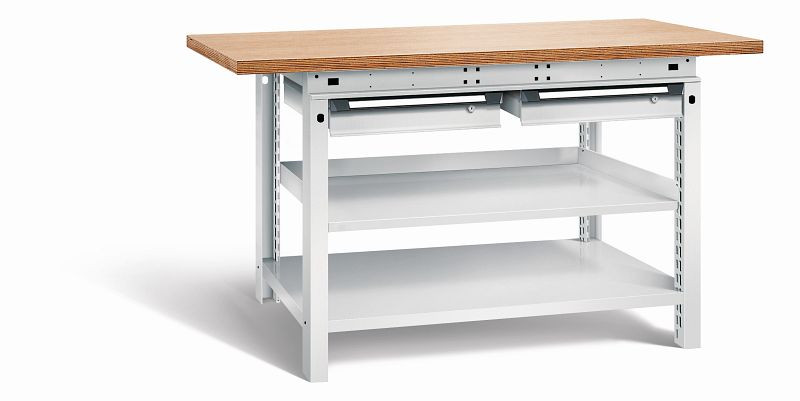Otto Kind Werkbank Serie function Typ 209, Multiplexplatte 40 mm, überstehend, 2 Schubladen 120 mm, komplett RAL 7035, 072339217