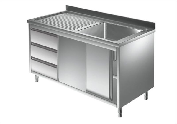A&S Gastro Spülschrank mit Schubladenblock, 1 Becken rechts, Bautiefe 600 mm, 160x600x850 mm, SPSCH1661BR-S