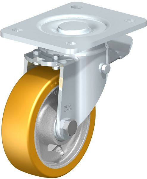 Blickle LH-GTH 125K-3-ST Stahlblech-Lenkrolle, Schwerlast-Ausführung, mit Anschraubplatte & Feststeller, Blickle Extrathane®, Hellbraun, 605980