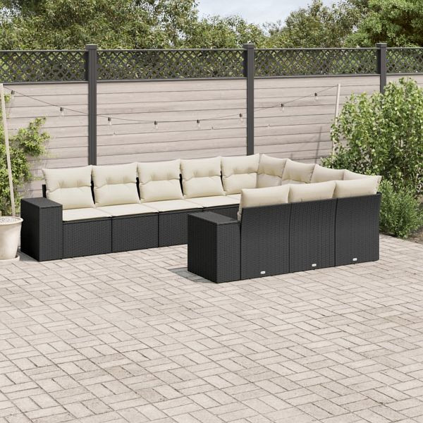 vidaXL 10-teilig Garten-Sofagarnitur mit Kissen Schwarz Poly Rattan, 3223085