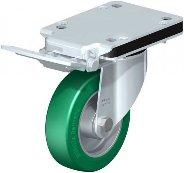 Blickle LK-ALST 125K-3-IS Stahlblech-Lenkrolle, schwere Ausführung, mit Anschraubplatte & Feststeller, Blickle Softhane®, Grün, 760432