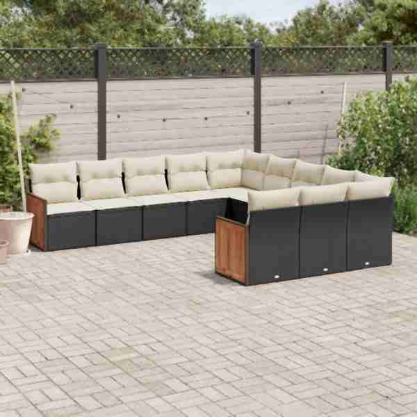 vidaXL 11-tlg. Garten-Sofagarnitur mit Kissen Schwarz Poly Rattan, UV-beständig, 3260509