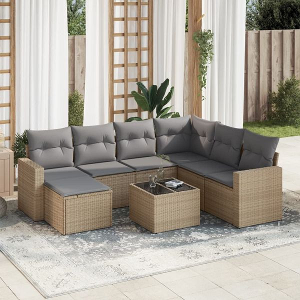 vidaXL 8-teilig Garten-Sofagarnitur mit Kissen Beige Poly Rattan, 3219299