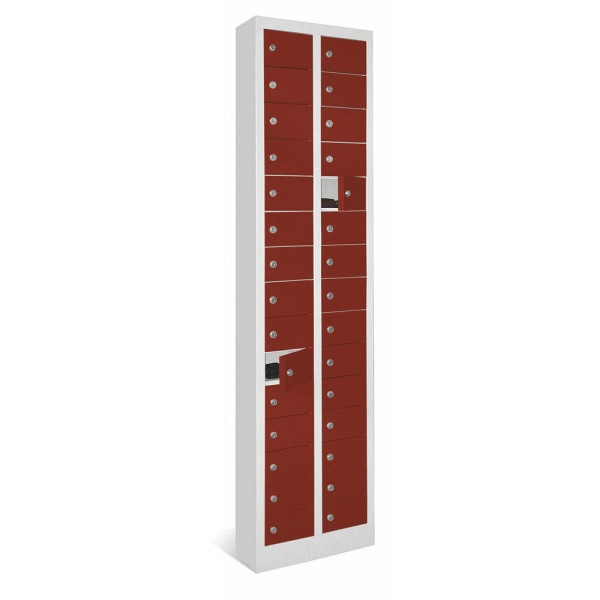 Deskin Kleinfachschrank 2 x 15 Fächer, Rubinrot RAL 3003, 460 x 200 x 1950 mm, ohne Etikettenrahmen, 270403