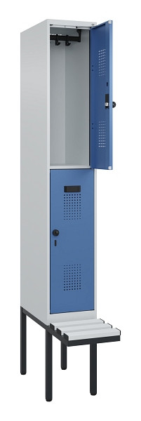 C+P Doppelstock-Spind Evolo PLUS, Bank, 2 Fächer, 2120x300x815mm, 7035/5023, Drehriegel, Sitzfläche Kunststoff, 0493407-10 S10089