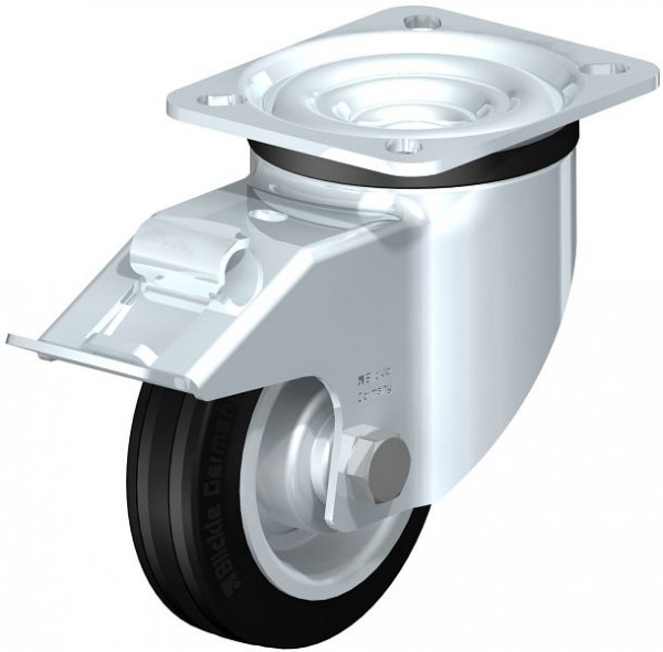 Blickle LK-RD 100R-1-FI Stahlblech-Lenkrolle, schwere Ausführung, mit Anschraubplatte & Feststeller, Zweikomponenten-Vollgummi, Schwarz, 605923