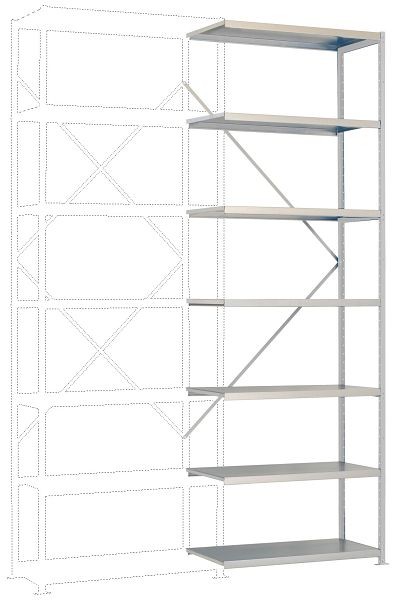 Manuflex Mittelschweres Fachbodenregal lichtgrau Anbauregal mit 7 Stahlböden, HxBxT= 3000 x 1000 x 600 mm, RP2136.7035