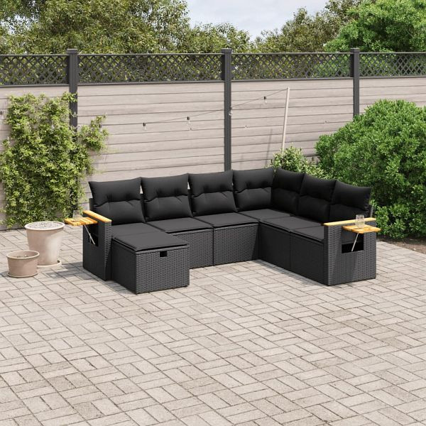 vidaXL 7-teilig Garten-Sofagarnitur mit Kissen Schwarz Poly Rattan, 3265542