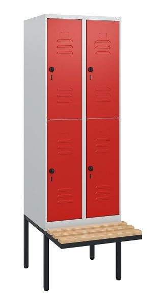 C+P Doppelstöckiger Spind Classic PLUS, 2 Abteile, 1950x600x815mm, 7035/3020, Drehriegel, Sitzleisten aus Buche, schwebende Sitzfläche, 0803405-20 S10002